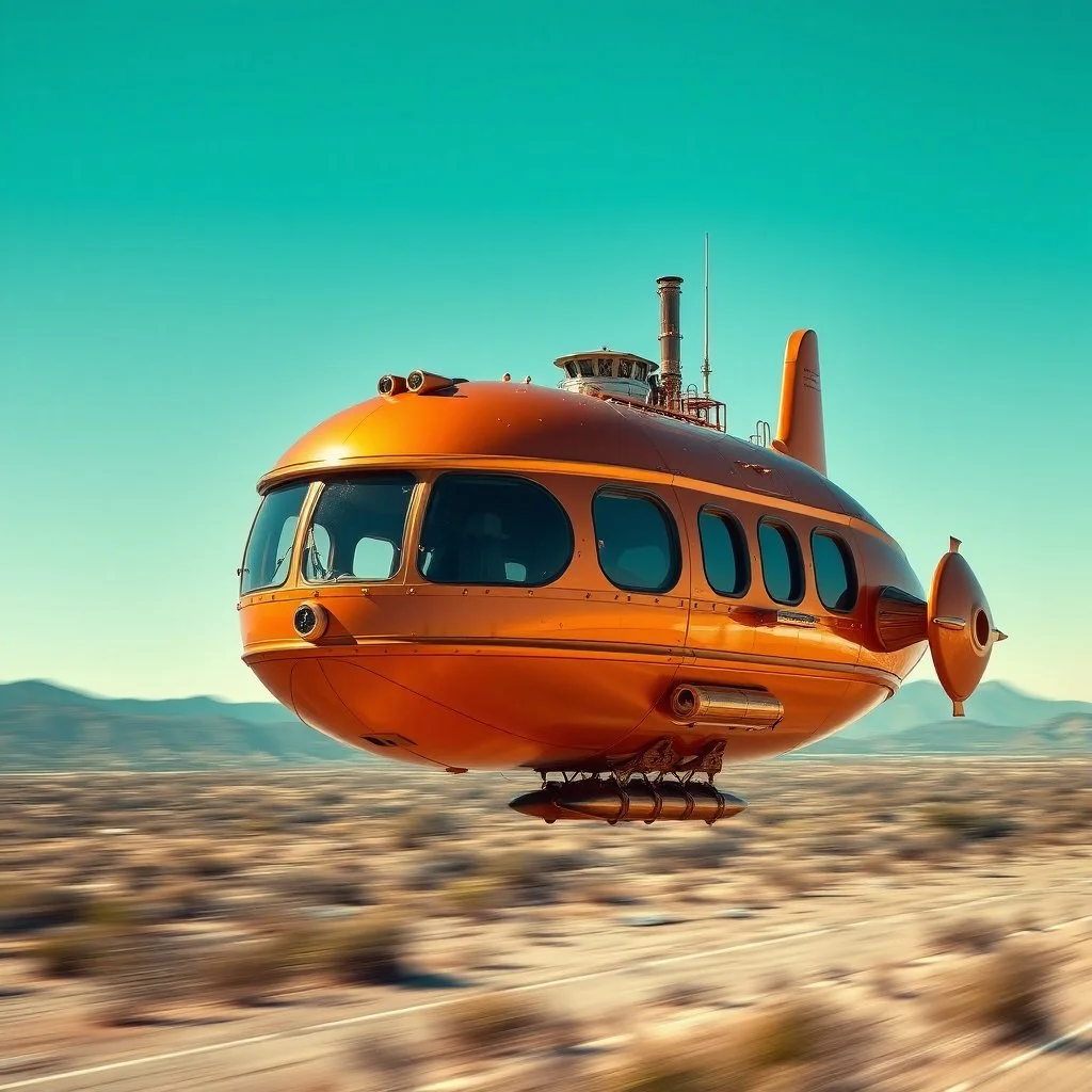 award winning photograph of a steampunk house-fly ufo dirigible designed by only one vehicle per image painted metallic orange traveling at a high rate of speed, jet intake off of front center of vehicle and jet exhaust out the rear bilaterally symetrical,