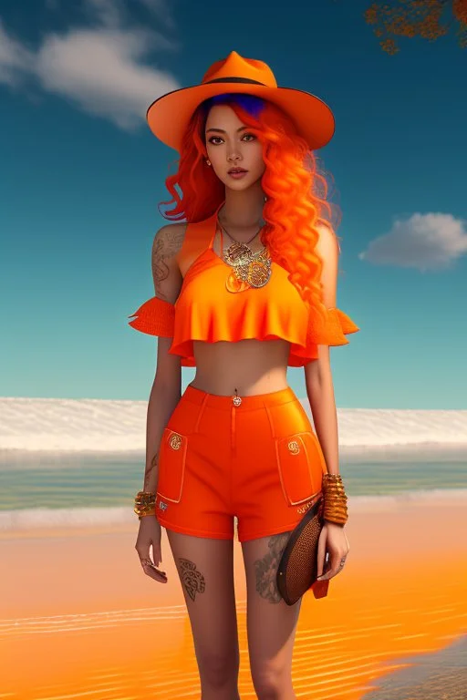 Full body of beautiful girl nami, Hair Color: Orange, Style: Wavy, Outfit Top: Blue, Outfit Bottom: Orange, Shoes: Brown, Accessories: Tangerine, Weapon: Clima-Tact, Hat: Straw, Tattoo: Pinwheel, Earrings: Hoops, sophisticated,, beautiful woman, hyper realistic, hyperrealism, photoreal, realistic, photorealistic, soft pastels, full-body, standing, long shot, wide angle, aesthetic