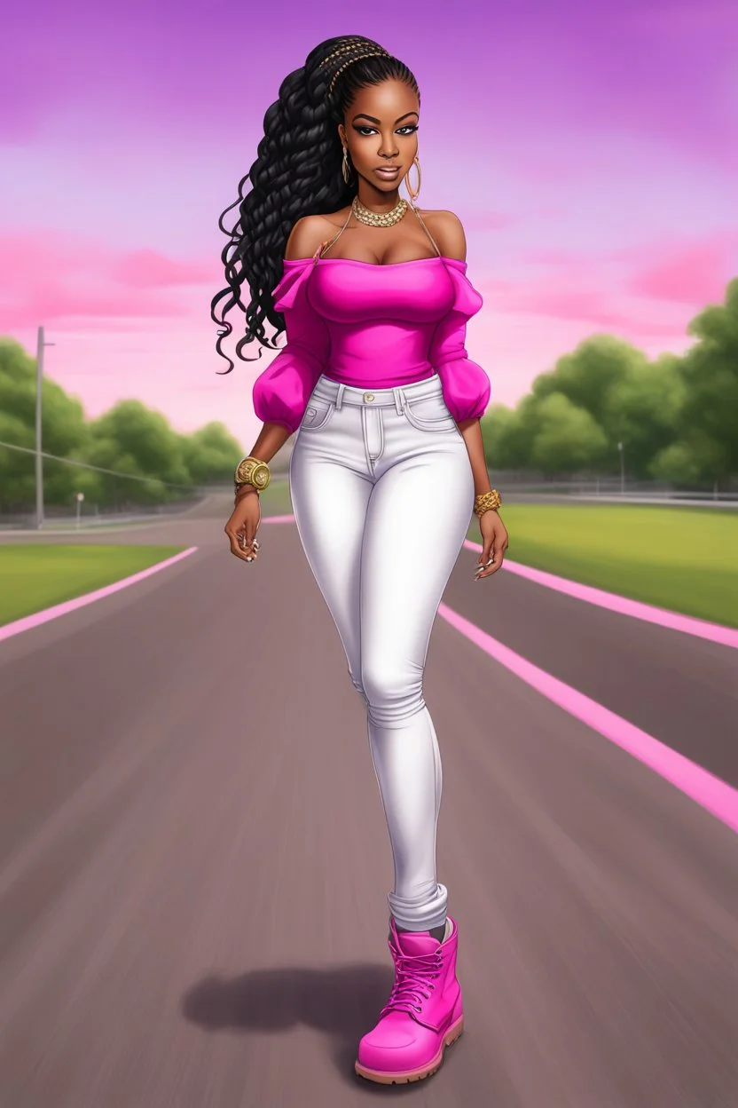 Create a digital airbrush cartoon of a curvy African American female wearing tight white jeans and a off the shoulder hot pink blouse. She is also wearing timberland boots. Prominent make up with hazel eyes. Highly detailed very long extremely braids of black hair. Her skin is smooth and silky. Background of a track of ATV riders.