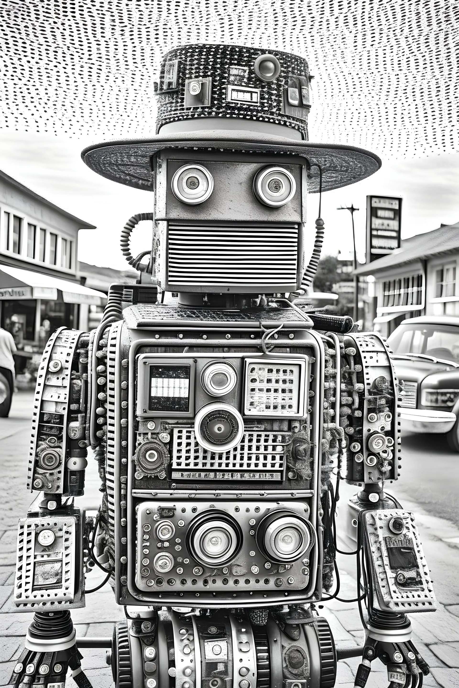 antique worn black and white photo of a robot that is made out of antique cameras and lenses and antique electronics with wires interconnecting wearing a cowboy hat standing in the middle of a dusty wild west town road