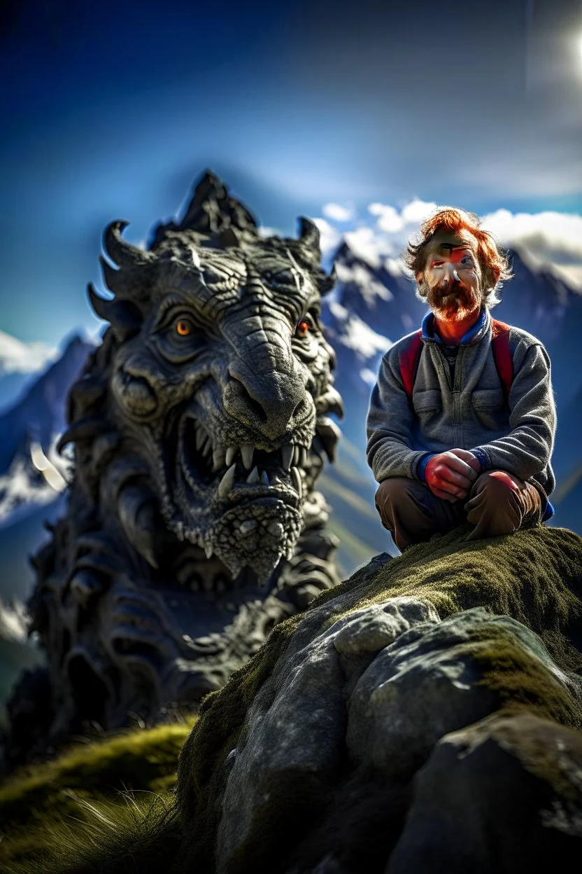 portrait Geordie Kieffer in the Alps on mountain top, with rock giant creature in the background,shot on Hasselblad h6d-400c, zeiss prime lens, bokeh like f/0.8, tilt-shift lens 8k, high detail, smooth render, down-light, unreal engine, prize winning