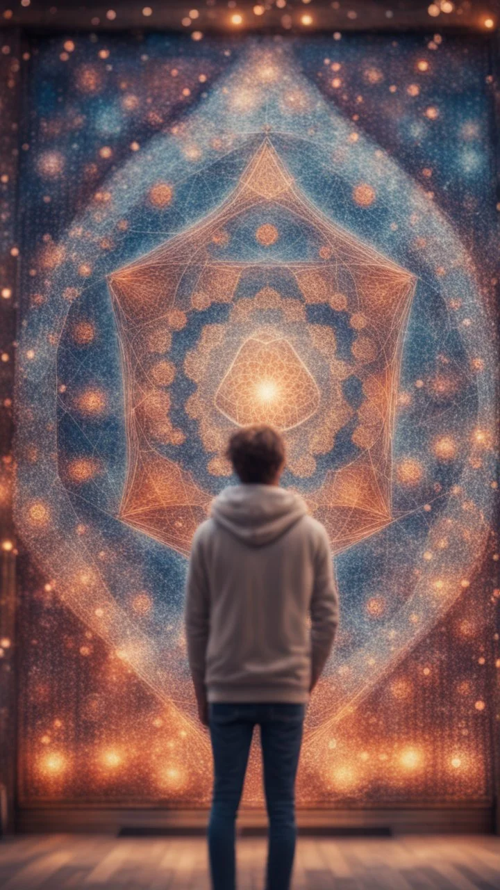 a happy blissed person woven into a sacred geometry knitted tapestry wall, bokeh like f/0.8, tilt-shift lens 8k, high detail, smooth render, down-light, unreal engine, prize winning