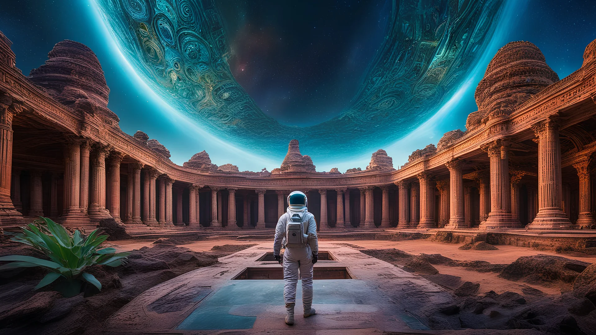 A lone astronaut exploring an abandoned, immense alien temple filled with intricate carvings, statues of aliens, and bioluminescent flora, multicoloured sky, intriguing, beautiful. Award-winning photograph, 80mm focal length, adjust perspective, rule of thirds.