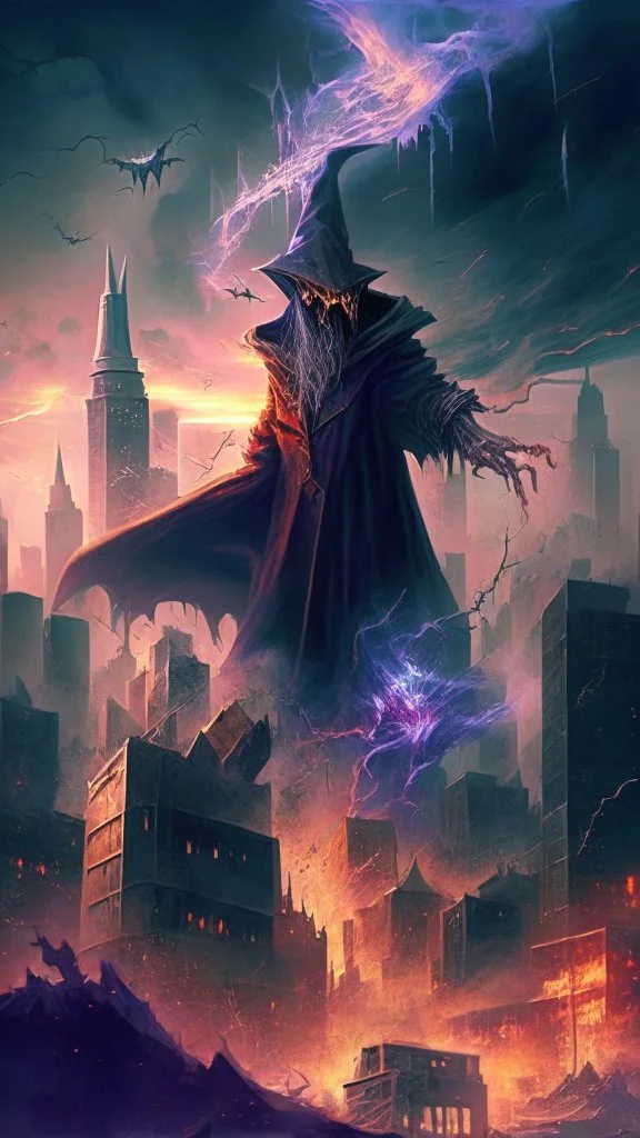 evil wizard destroying a city