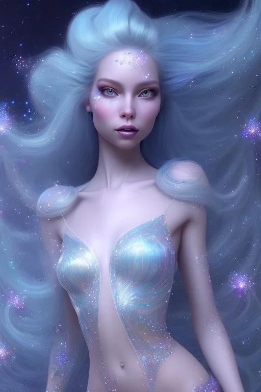 woman glitter blue fairy in a galactic ambiance, long blue hair, detailed gorgeous smile, delicate colors in the foreground, full of details, smooth, light effect，vaporwave colorful, smooth, extremely sharp detail, finely tuned detail, ultra high definition, 8 k, unreal engine 5, ultra sharp