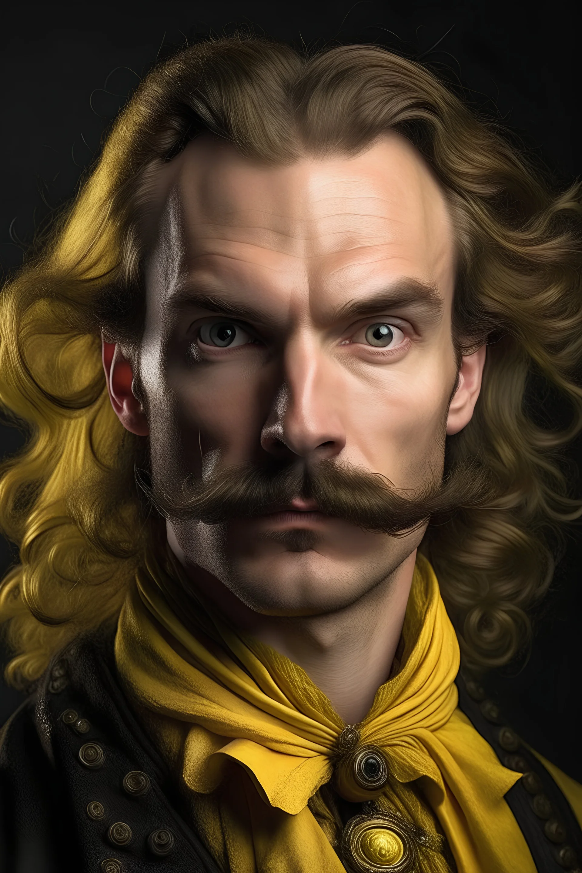 Man, 38 years old, very handsome, noble and manly looks, stately, sharp face, big black eyes, angry, furious look, yellow curly long shoulder-length hair, height 170 centimeters, thin pink lips, yellow neat mustache, yellow long pointed beard, brown thin eyebrows, dressed in a black doublet, wearing black gloves, on a white background