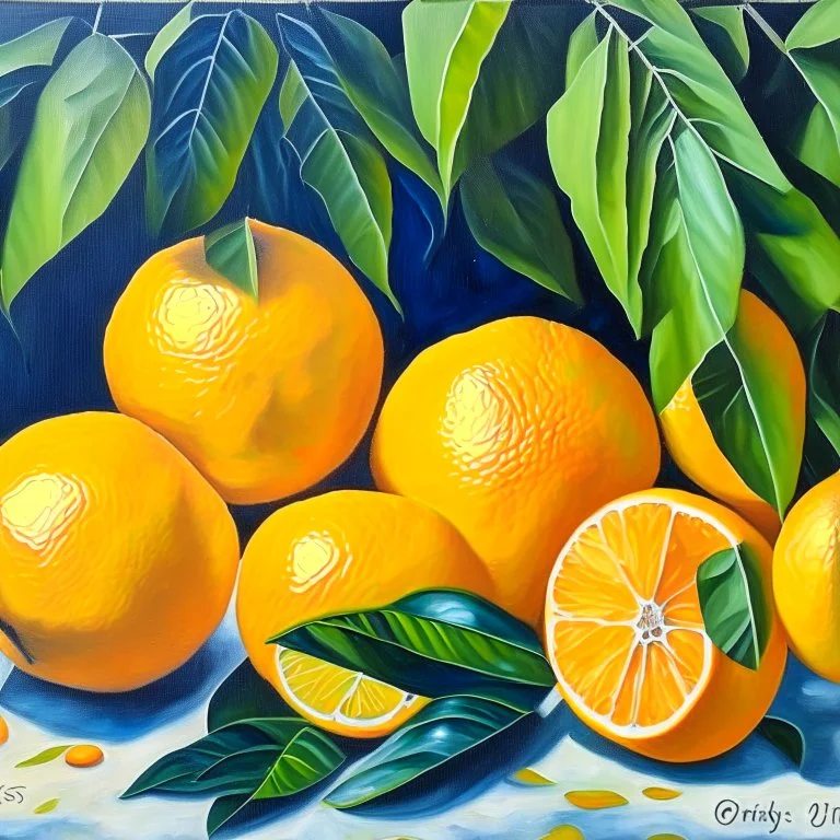 painting of citrus fruits, with leafs oranges realistic, acrylic paint