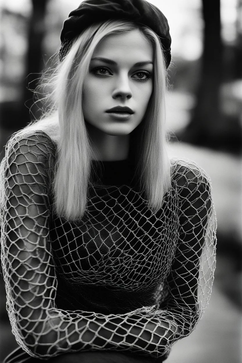 Fine art photography. Artistic photo of a young blond Polish wearing only net hosiery woman taken with a Mamiya M645 camera with a portrait lens on classic Ilford medium-format film, contrast light, high-key