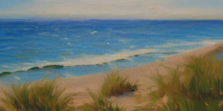 Impressionist painting of a summer day at the beach looking out at the ocean