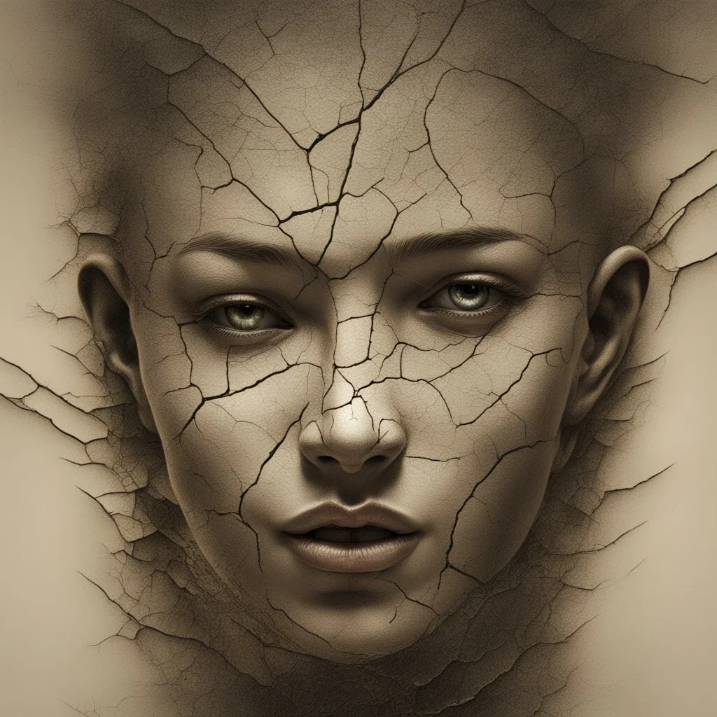 A face framed by cracks, Intricate detailed, centered face, elegant., by ruan jia, backlit , fantasy, cinematic