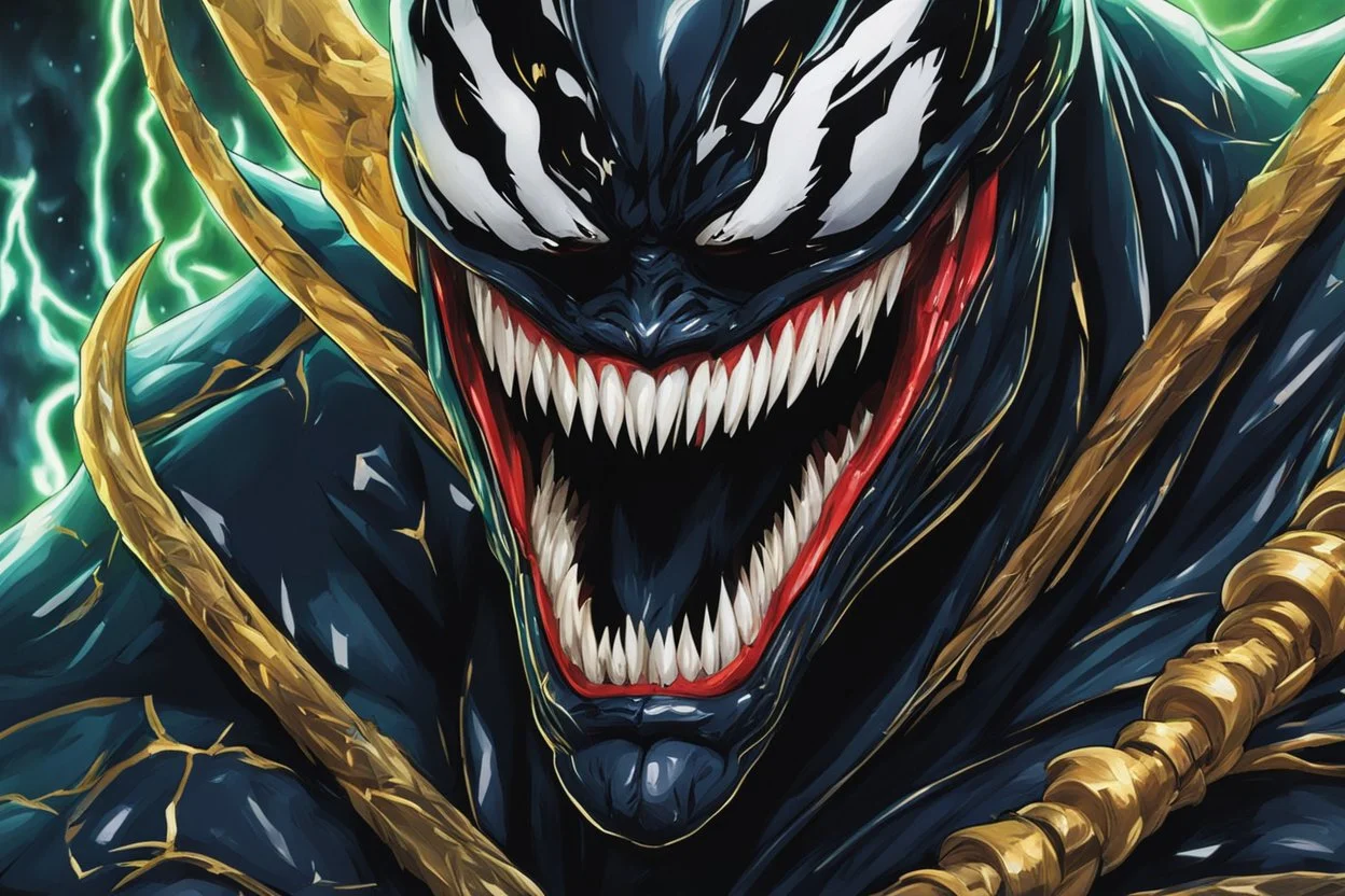 Venom in 8k Hayao Miyazaki draw style, yu gi oh them, neon effect, close picture, highly detailed, high details, detailed portrait, masterpiece,ultra detailed, ultra quality