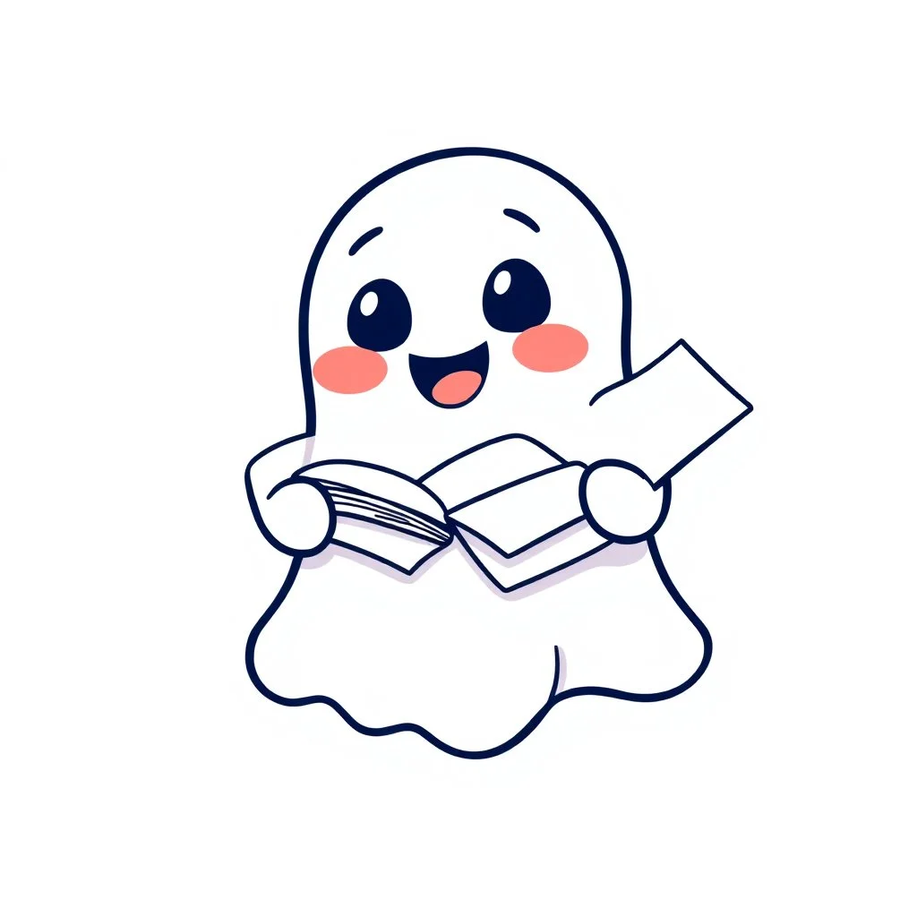 An icon that features a cute and happy ghost. That holds a big pile of papers in its hands. No background. Transparent background. Cute. Icon. Logo. Drawing. SVG. Cute. Happy. Small. Baby. Child. Blue.