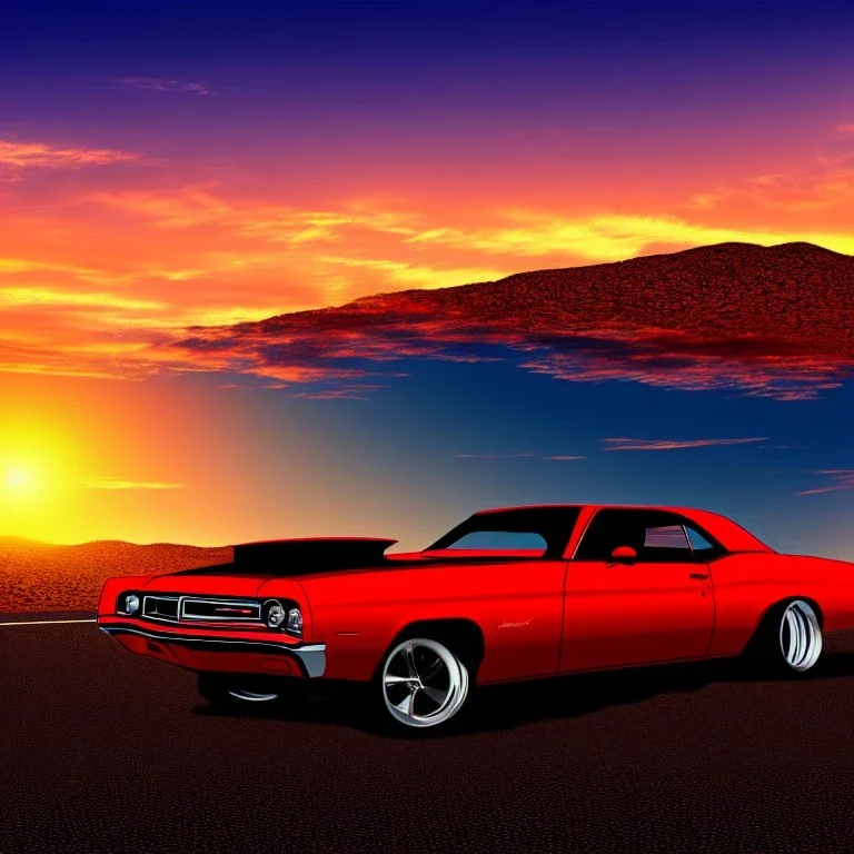 muscle car, desert road, sunset, full colour, realistic