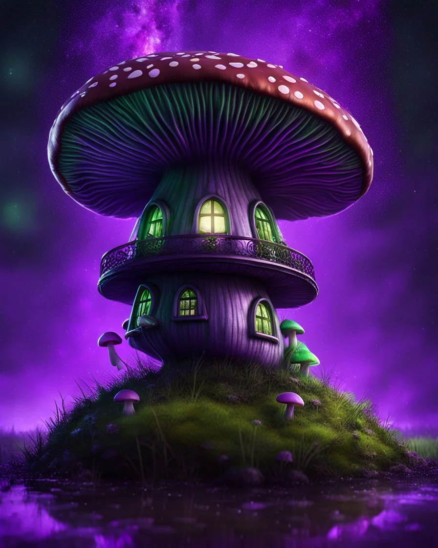 A solitary floating mushroom house on a clear night. silver and green and purple, Dark cosmic interstellar. Detailed Matte Painting, deep color, fantastical, intricate detail, splash screen, hyperdetailed, insane depth, concept art, 8k resolution, trending on Artstation, Unreal Engine 5, color depth, backlit, splash art, dramatic, High Quality Whimsical Fun Imaginative Bubbly, perfect composition