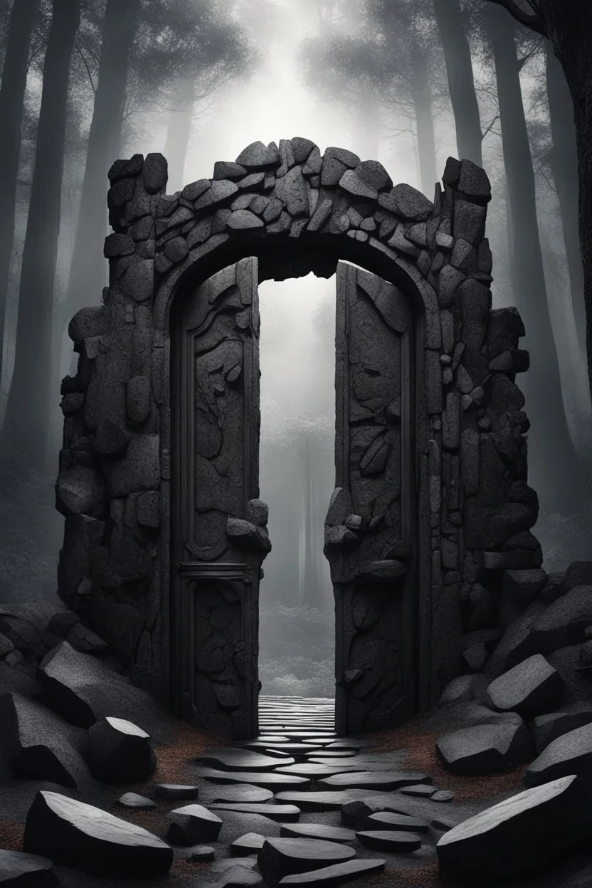 A huge wall made of granite black stones with a huge open gate and giant open wooden doors in the forest dark material, surrealist, elementals, intricate background, masterpiece, octane rendered, art station, thin line draw style