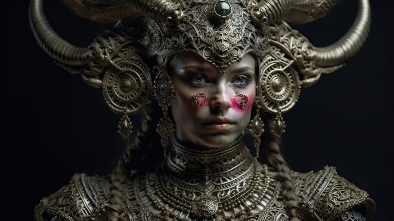 Beautiful ounce animal haddressed woman portrait adorned with metallic filigree decadent voidcore shamanism costume armour and headress decadent gothic maljsian style organic bio spinal ribbed detail of extremely detailed maximálist hyperrealistic portrait art
