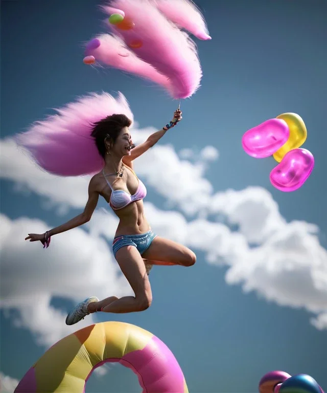 Ultra realistic speed clouds sky scene, wide angle view, sweet women falling down, feather inflatable color clothing, free jumping flying, many trinkets, hair monster, many jelly beans, balls, color smoke, smile, happy, circus style, extreme, wind, clouds sea, 20,000 feet altitude, stratosphere, soft color, highly detailed, unreal engine 5, ray tracing, RTX, lumen lighting, ultra detail, volumetric lighting, 3d, finely drawn, high definition, high resolution.