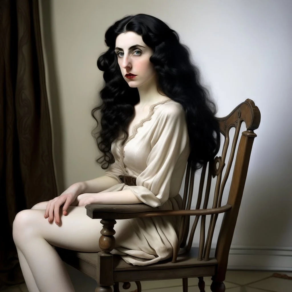 Breathtaking arab 30 years old woman with pale skin she is sitting on an old chair and has a tiny tanktop from the waist up, she has long black curly hair, petite figure, wide hips, prominent nose, thick lips, she has just been slapped around, by Egon Schiele, gustave dore, david mann, retro vintage style, hd photography, hyperrealism, graphite pencil drawing, realistic, natural, b&w illustration, fine art, beautiful watercolor painting, realistic, detailed, by olga shvartsur, svetlana novikova