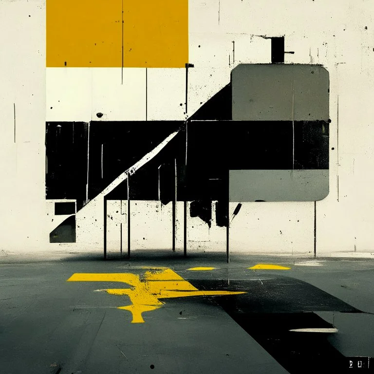 Minimal contemporary abstract oil paintings of desolate 1960s carpark with road markings and concrete fragments. Overlay with grungy typography graphics. style of Justin Mortimer and Francis Bacon.