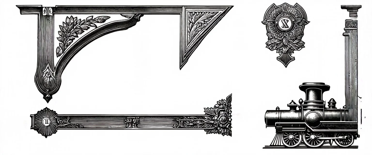 decorative corner elements(top left and bottom right) inspired by steam locomotive railroad and engraved stamps. antique printing