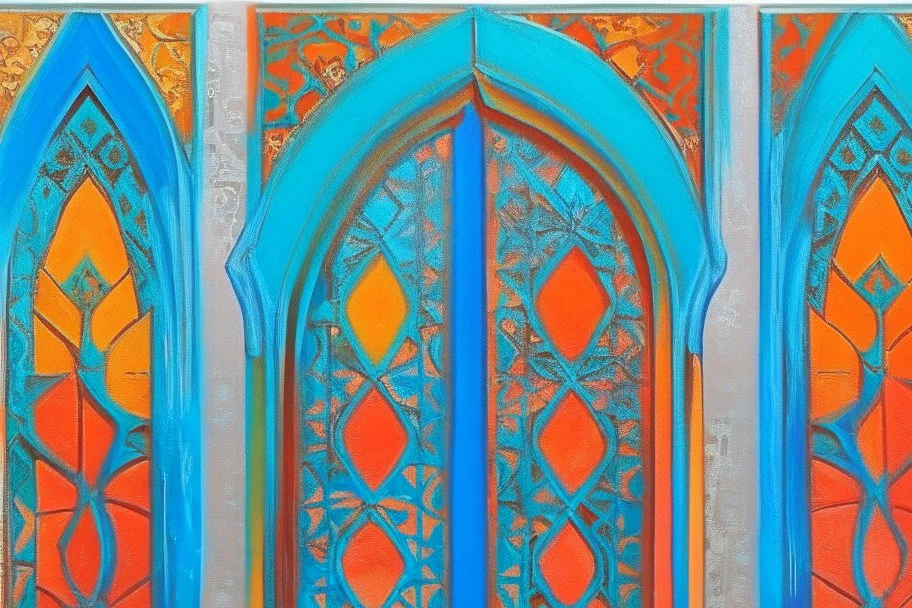 semi-abstract painting, triptych with 3 gothic_arab gates in blue, turquoise and orange