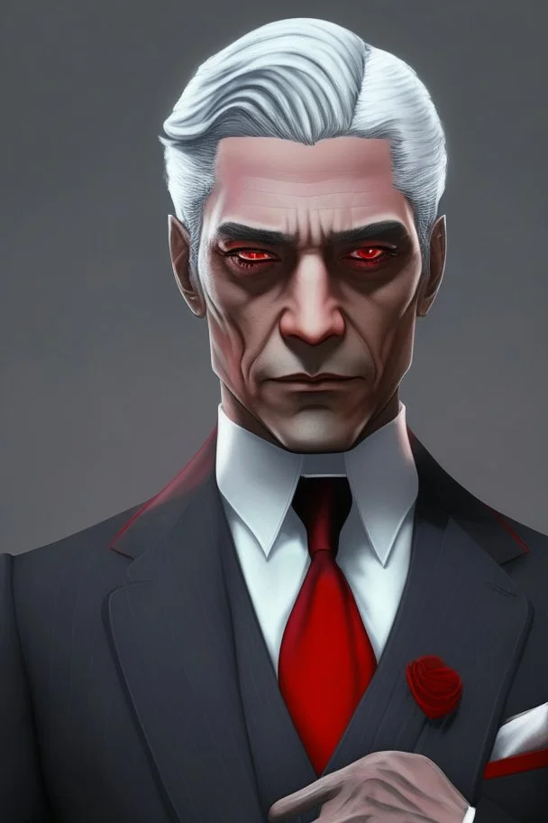 Realistic, red eyes, light skin, short black and gray hair, red earring, suit and tie clothing, gloves on hand