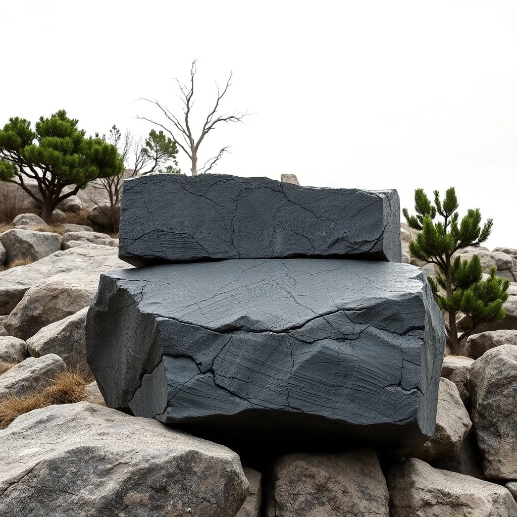 Un'immagine di un paesaggio naturale con strutture a parallelepipedo di roccia nera appoggiate le une sulle altre. Colori tenui, grigio-marrone. Contrasto tra il naturale e l'artificiale. Pannello di metallo riflettente. Venature e solchi. La scena trasmette un senso di dialogo tra elementi organici. Dettagli delle rocce molto accentuati. Alberi