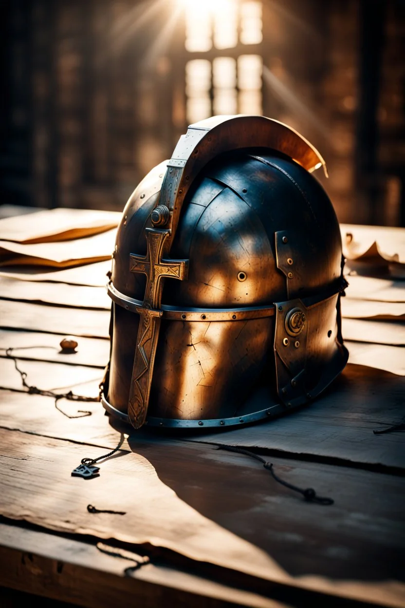 The Roman centurion's helmet lies on an old cracked wooden table. Next to the helmet, on the table, lies a cross on a simple string and a scroll of parchment. Symbols of Roman authority. A ray of sunlight reflects off the helmet. All around is the entourage of ancient Rome. High quality image in 8K