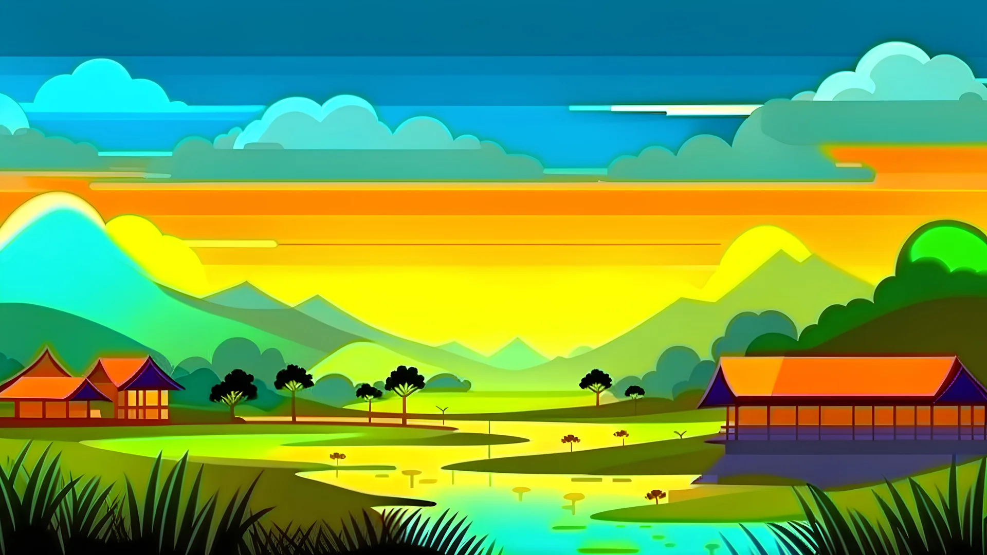 landscape of indonesia in rainy season, cartoon style