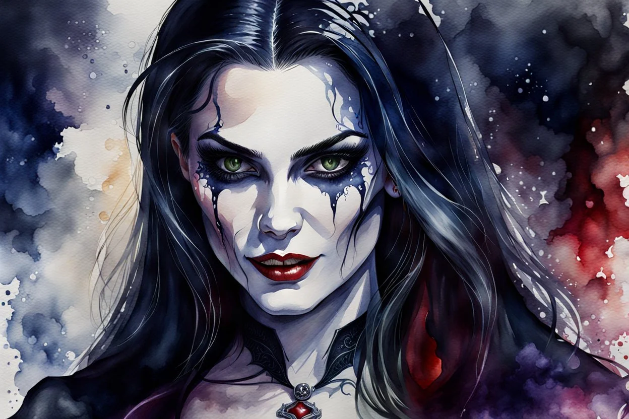 watercolor oil print of a dark medieval female vampire sorceress , with highly detailed facial features ,in the style Ann Chernow, with a fine art aesthetic, highly detailed , realistic , 4k UHD cinegraphic quality