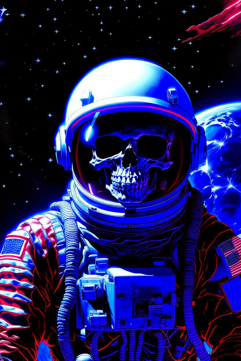 A close up of a skeleton face looking shocked, in an astronaut helmet and suit floating in space. inside the hollow eyes are red shining lights, scary. On his suit is an American flag and in his one hand is a small wavering American flag, on it is written "boned in the USA". From the back of his suit is blowing out blue, white and red smoke. Realistic, 8k, highly detailed, funny