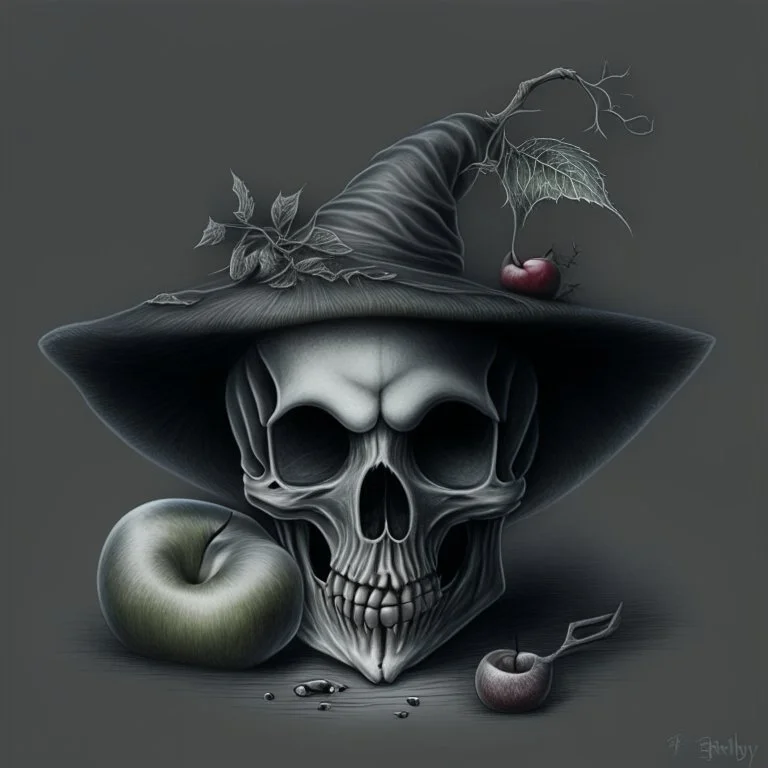 Realistic drawing of a Skull with a Witch hat, Skull has ghost eyes and is eating from a poison apple.