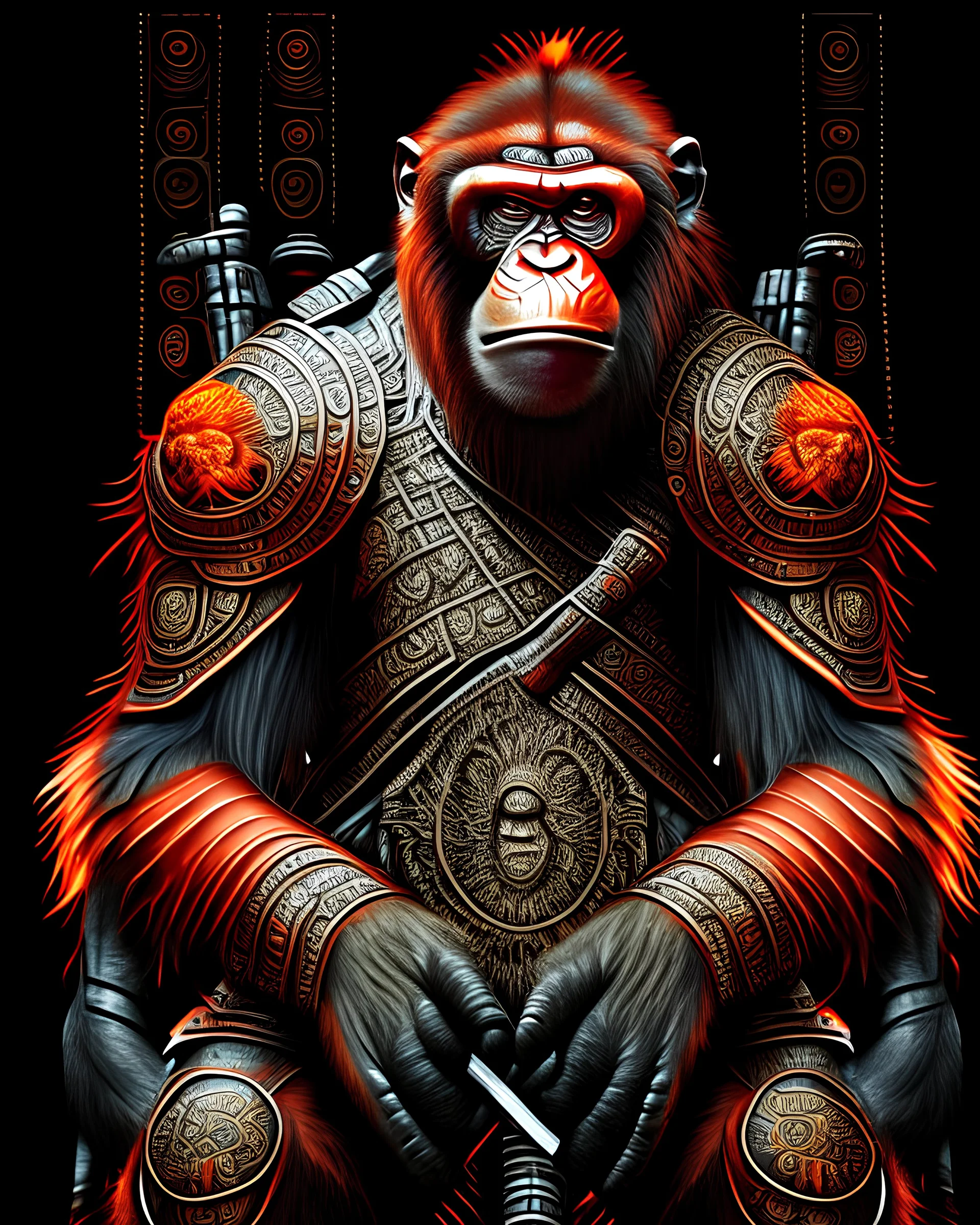 Orangutan Assassin Gothic flat symmetrical design full body full arms full legs hyper-detailed hyper-realistic ink art full legs 8k