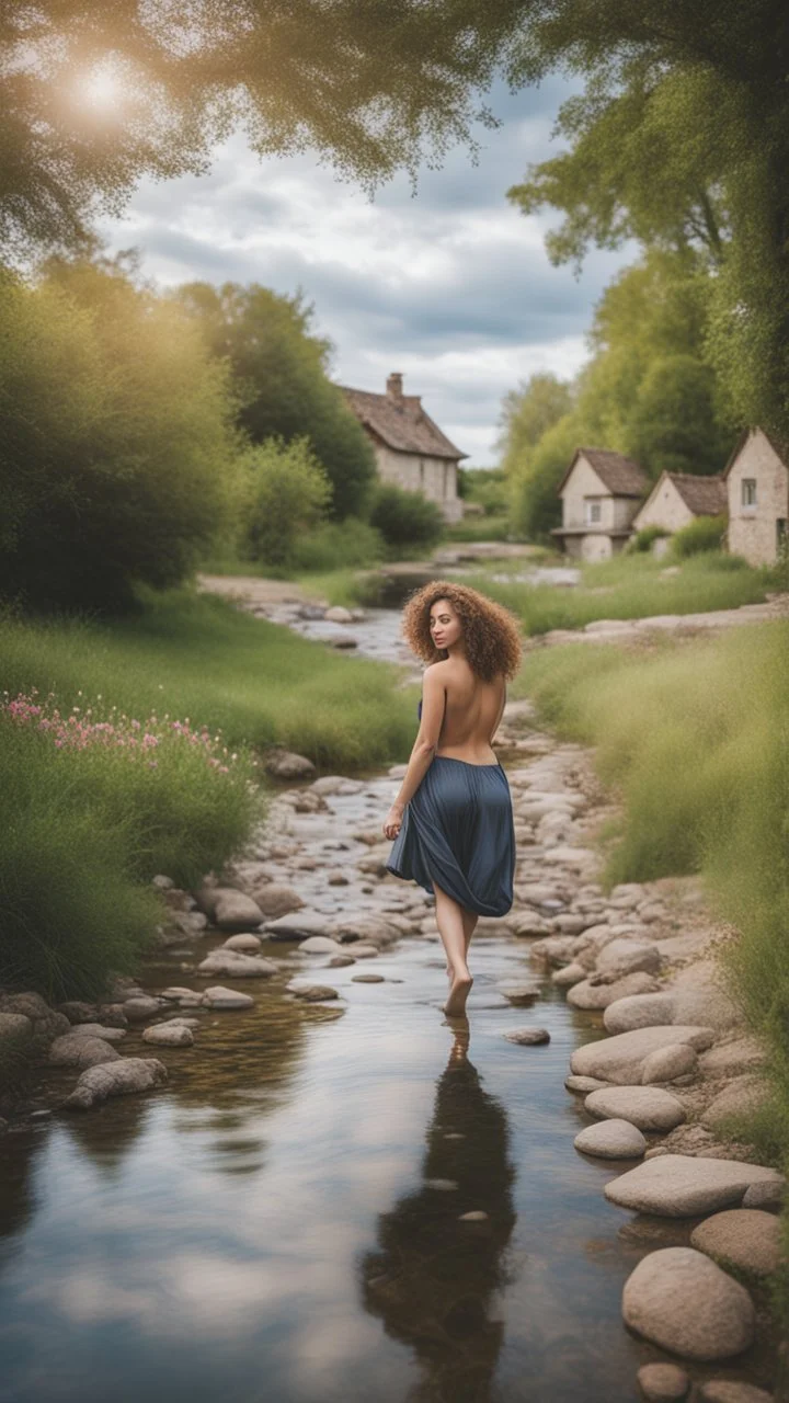 full body shot of a very beautiful lady curvy hair, walks in the country side with a narrow river with clean water and nice rocks on floor. The trees and wild flowers pretty country houses ,nice cloudy sky.