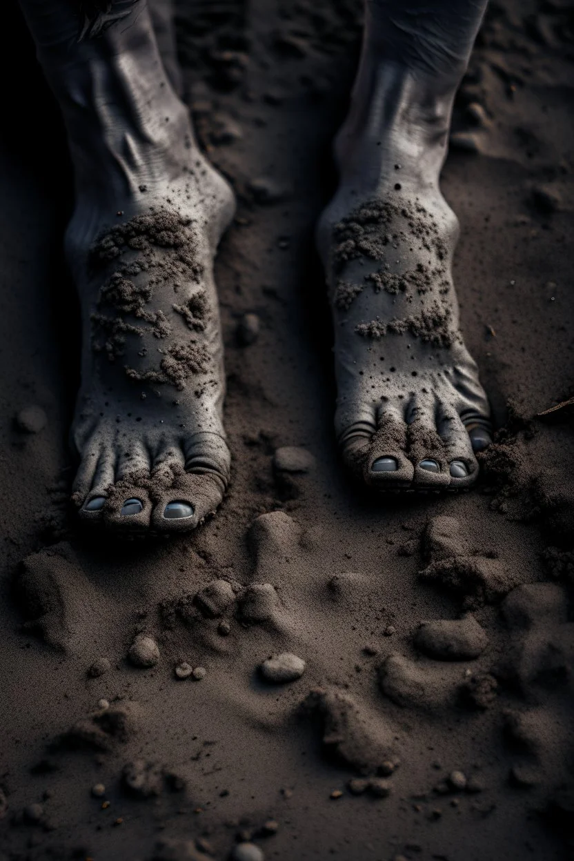 A toes looks dirty filled on the grey dark. Sands and dirt on a sands ground, view from the top