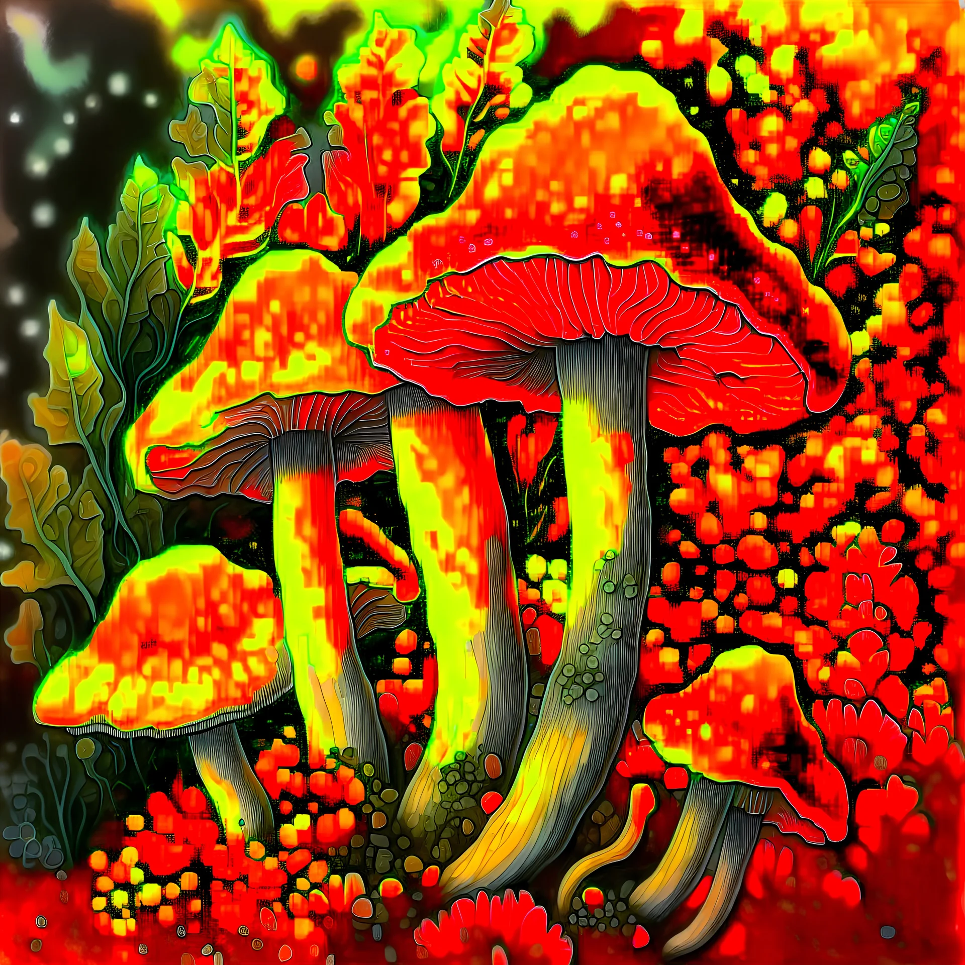 A highly-detailed Hand sketched illustration of porcini Mushrooms on paper, focus on line work and small shades of color, use shades of yellow, brown, black, red, and orange, add Chinese ink-brush details to the tops of mushrooms, Marco Mazzoni art style, fantasy like mushrooms