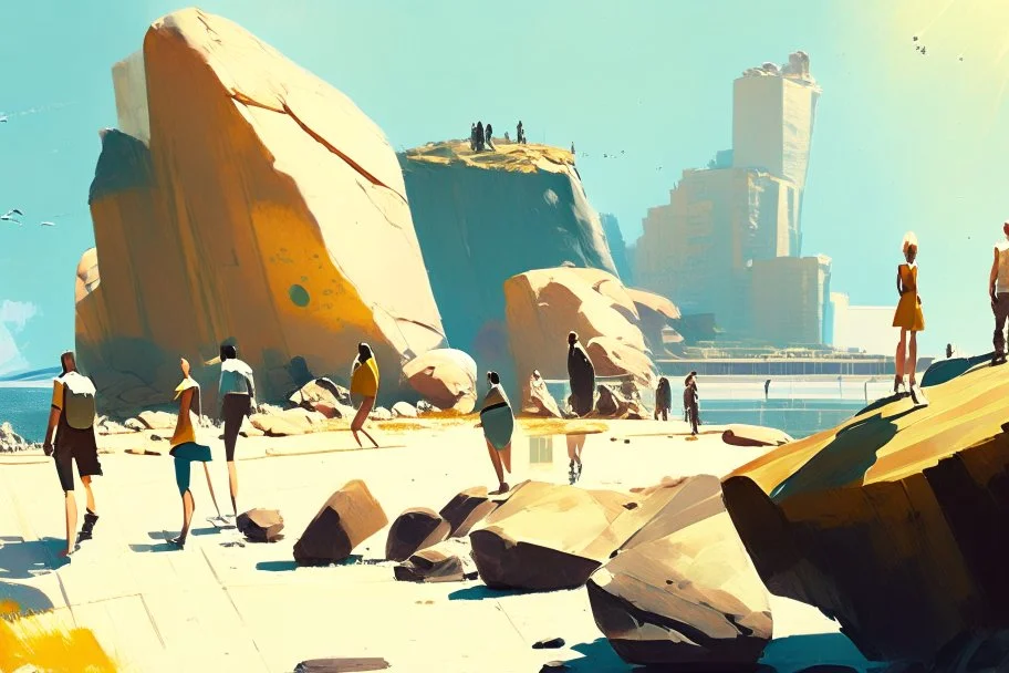 Sunny day, people near the, rocks looking a distant modern city