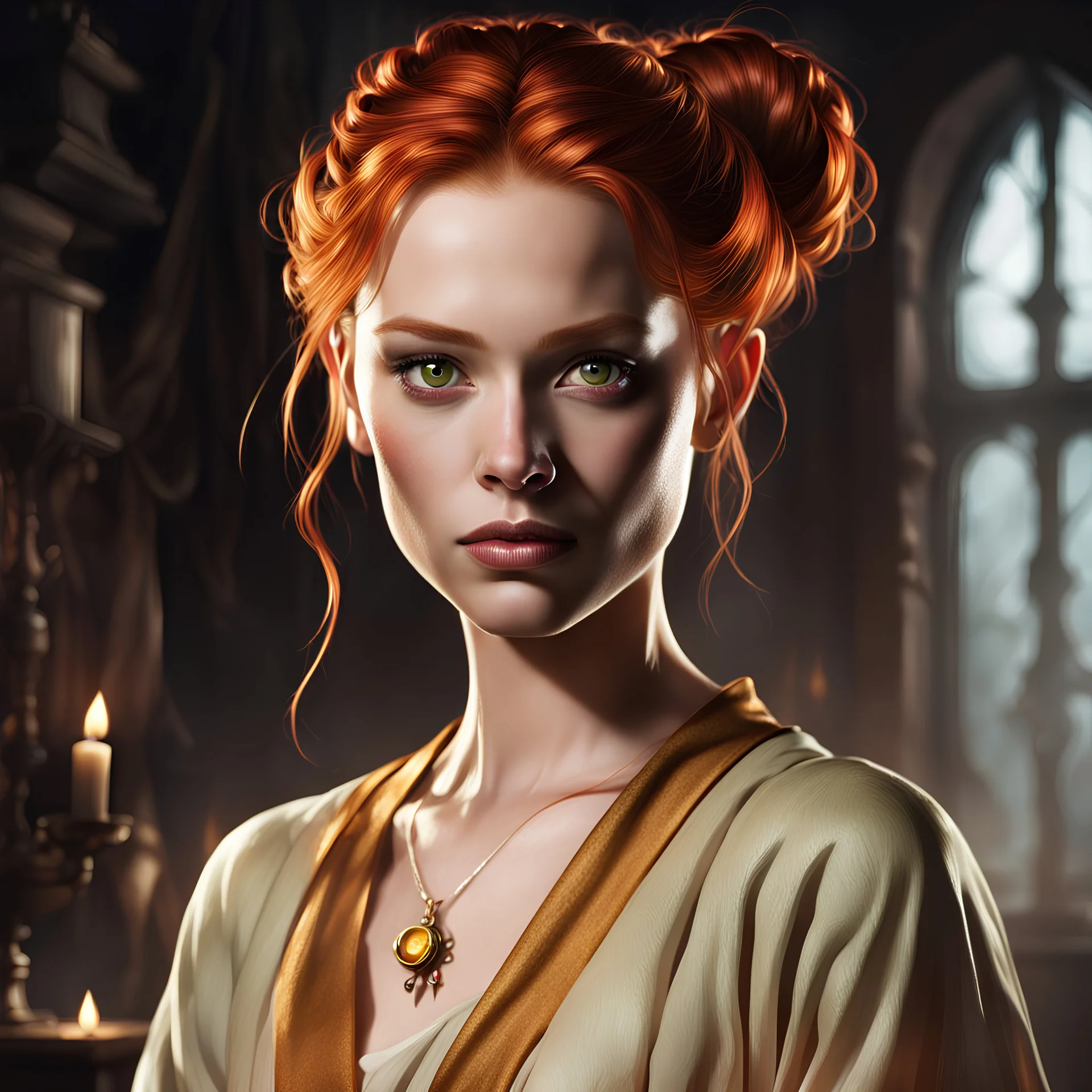 dungeons & dragons; portrait; ; female; ; ginger hair; one messy bun; golden eyes; plain tunic; indoor; bleak; trusting