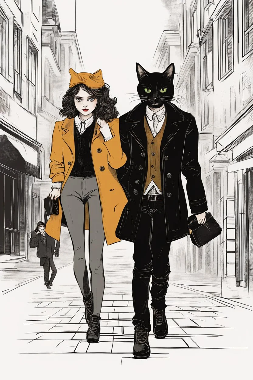 Design a book cover for fantasy criminal story. One teenage girl and two boys are on the town street—Black Cat as a company. The book is for teenagers—modern style. renoir style, bauhaus style