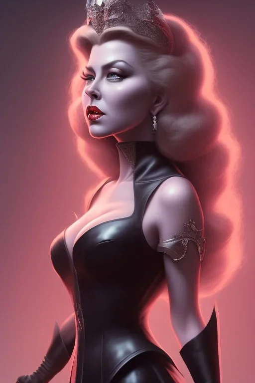 Lana Turner as evil queen in black leather, leather, busty, cleavage, angry, stern look. character design by cory loftis, fenghua zhong, ryohei hase, ismail inceoglu and ruan jia. unreal engine 5, artistic lighting, highly detailed, photorealistic, fantasy