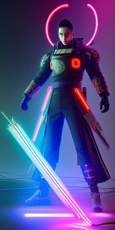 Itachi with cyber glowing swords, cyberpunk, full body, realistic, intricately detailed, neon lighting, vivid colors, neon, 64k