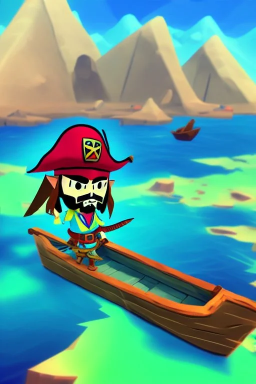 Cartoony Captain Jack Sparrow sailing on a small boat, in the middle of blue oceans, Legend Of Zelda: Wind Waker style, stylized, colorful, adventurous.