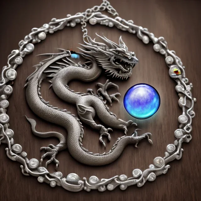 a gorgeous, stunning pewter necklace of a dragon clutching an illuminescent moonstone lying on a rustic wood table with crystal ball behind necklace, 8k resolution, high-quality, fine-detail, photorealistic, intricate, digital art, detailed matte, volumetric lighting, illustration, 3D octane render, brian froud, howard lyon, selina french, anna dittmann, annie stokes, lisa parker, greg rutowski, George Grie, Ben Goossens, Igor Morski