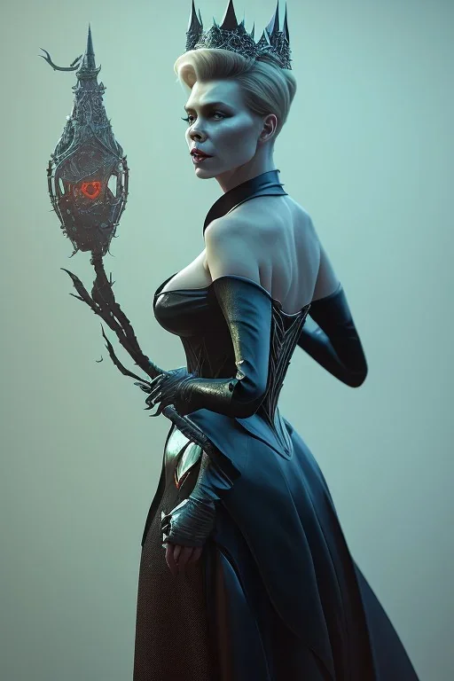 Hannah Waddingham as evil queen in black leather gown, busty, cleavage, voluptous, rebecca Welton, angry, stern look. character design by cory loftis, fenghua zhong, ryohei hase, ismail inceoglu and ruan jia. unreal engine 5, artistic lighting, highly detailed, photorealistic, fantasy