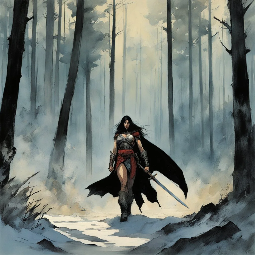 [art by Alex Maleev] THE DEATH DEALER: tribeless barbarian in a large forest that, after the end of the Ice Age, will one day become the Mediterranean sea. When the Mongol-esque Kitzaak Horde invade the forest, various parties try to recruit Gath's aid to defend against them. One of them, the beautiful sorceress Cobra, gives Gath a helmet possessed by the god of death. The helmet gives him godlike power but at the same time tries to break Gath to its will. With the help of the worldly travelling