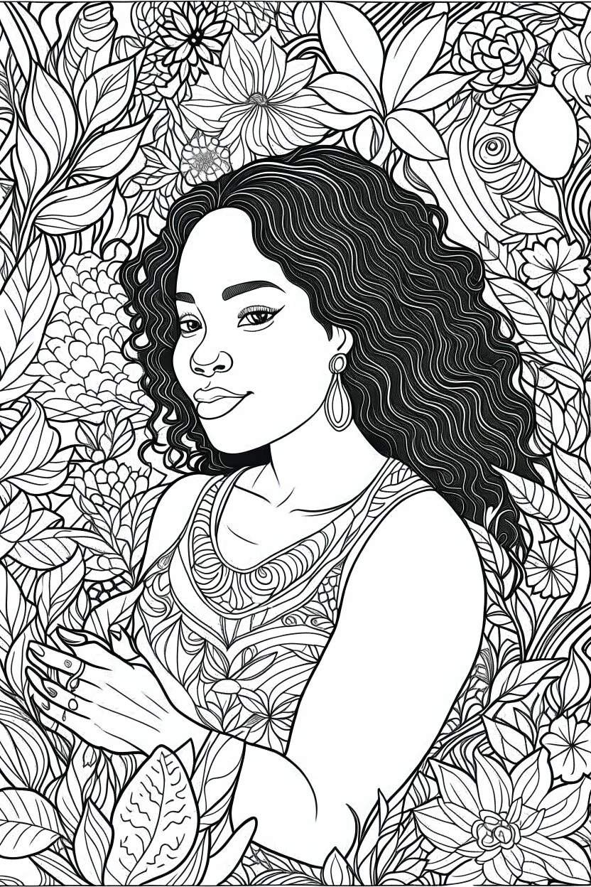 Design a set of delightful coloring pages celebrating the beauty and diversity of black curvy women surrounded by a lush floral background. These coloring pages should encourage creativity and self-expression.