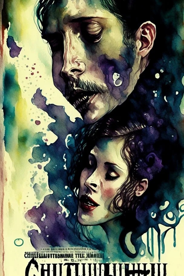 Dramatic watercolor and ink, movie poster for "MY CTHUHLU ROMANCE", modern Movie Poster style of Drew Struzan, Eldritch Rom-com, Lovecraftian romance, tentacle kiss, masterpiece of art portrait, techniques used: sfumato, dramatic, sardonic humor, complex contrast, dynamic composition