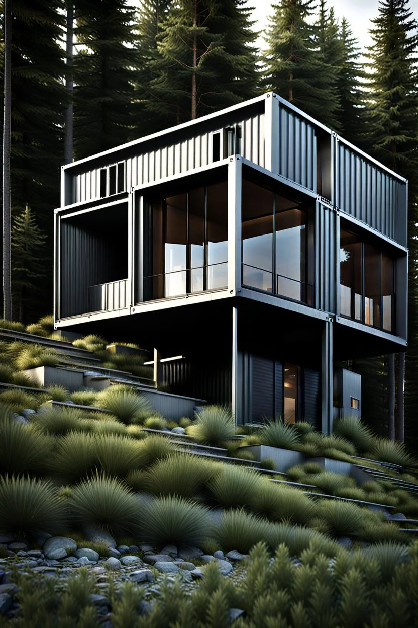 Medium sized, modern house made from shipping containers, on a hill in the woods, photorealistic
