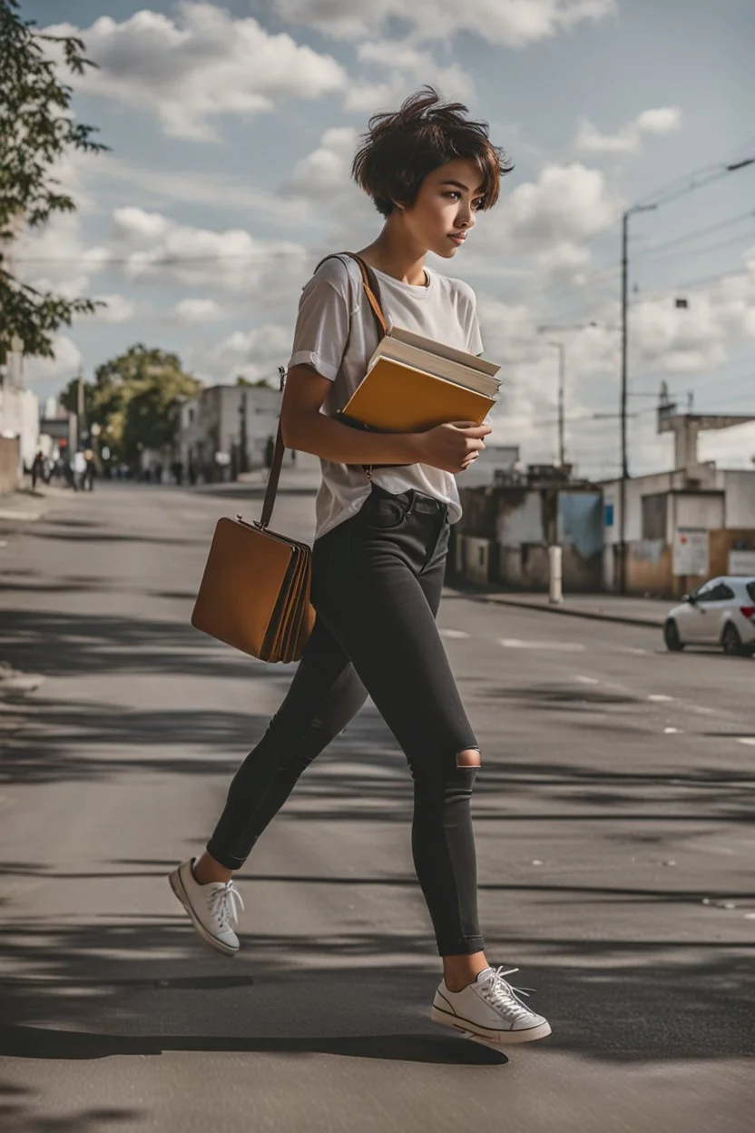 color photo of a student girl 22 years old ,short hair with her books in her hand walking in street,next to trees.