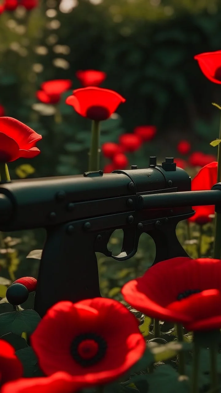 black gun with red kiss on it in a garden full of red poppies. cinematic